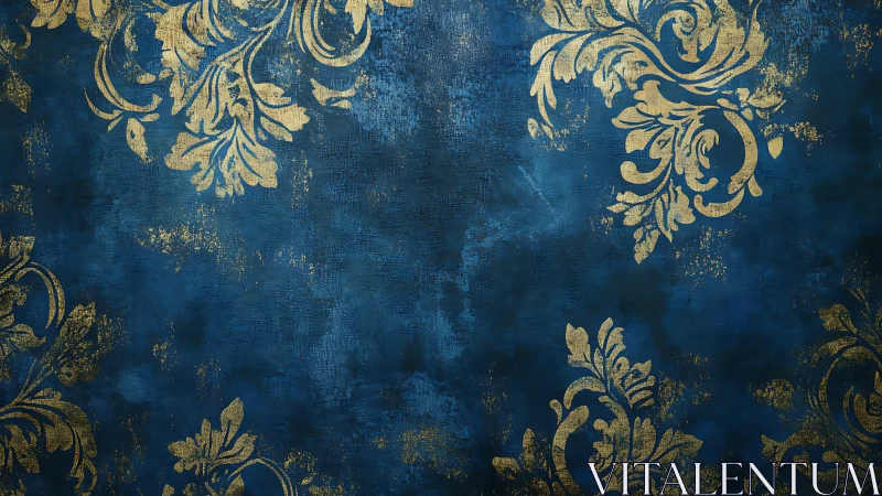 Baroque gold damask flourishes on distressed indigo backdrop