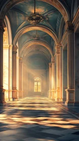 Sunlit baroque hall with soaring arches in soft haze.