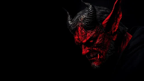 Brooding horned demon in shadowy crimson darkness.