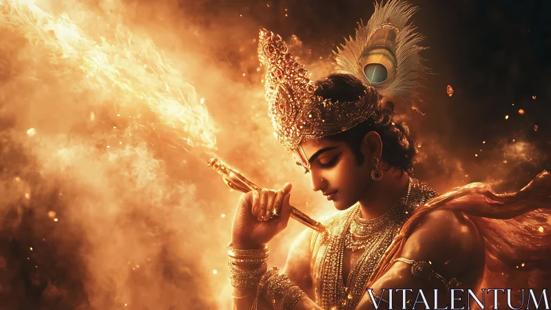 Flame crowned divine warrior in luminous celestial blaze.