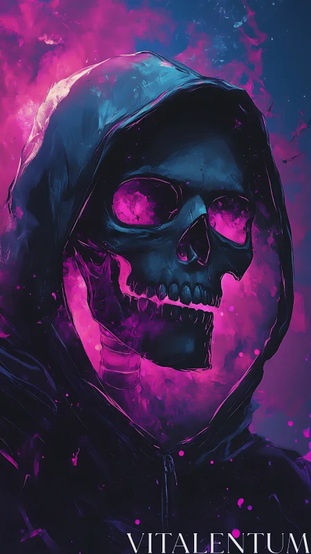 Neon hooded skull swirling in electric pink twilight.