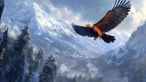 Majestic Eagle Soaring Over Snowy Mountain Landscape, Digital Art.