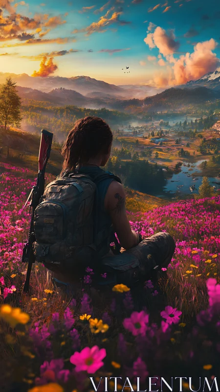 Lone trekker overlooking neon valley under cinematic sunset.