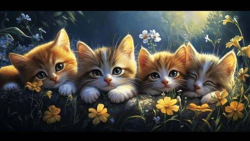 Four Adorable Kittens Playing in a Sunlit Flower Garden