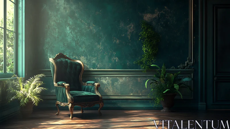 Sunlit velvet chair in a quietly overgrown teal salon.