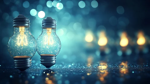 Glowing light bulbs share a dreamy moment in soft blue bokeh
