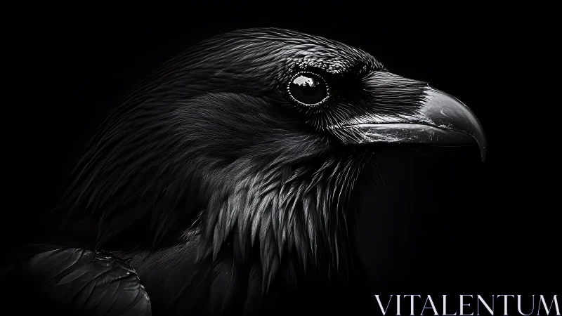 Dramatic close-up of a raven in black and white fine art style.