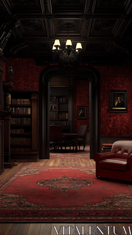 Victorian library interior with red velvet walls and rug