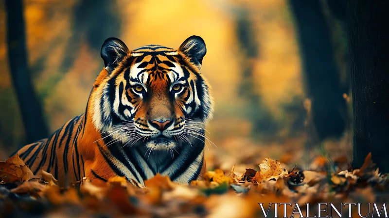 Autumn forest monarch tiger resting in a blaze of amber hush.