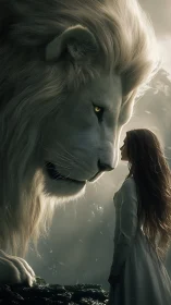 Gigantic white lion in profile confronting woman in gown