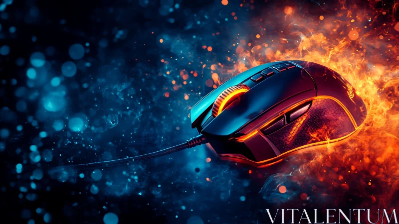 Gaming mouse surrounded by blue smoke and orange flames.