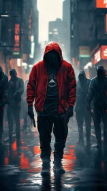 Hooded gunman advancing through neon city rainstorm.