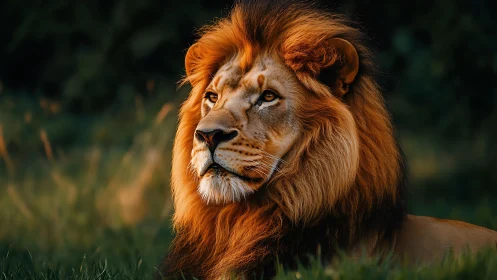 Telephoto wildlife portrait of male lion in golden sidelight.