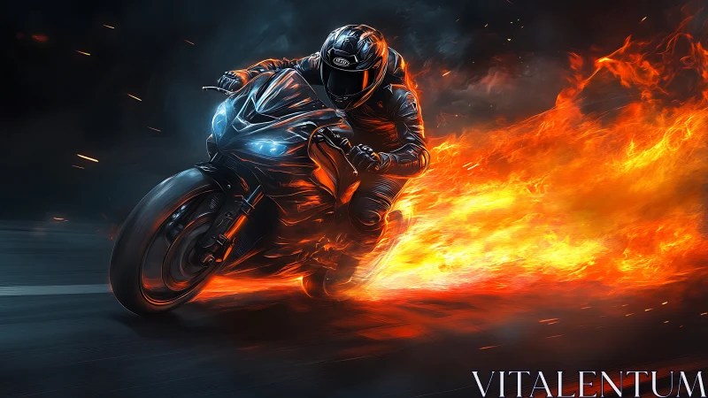 Motorcycle rider blazes through night in a trail of fire.