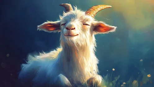 Contented white goat in soft backlight with painterly blur