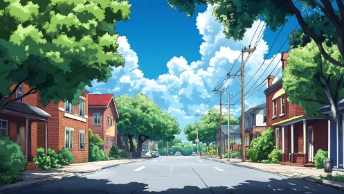 Tree-lined suburban street with red brick homes under summer sky