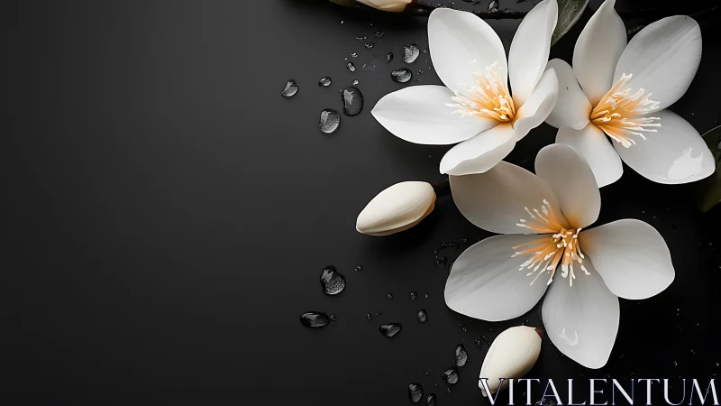 White Flowers with Golden Stamens on Dark Wet Surface.