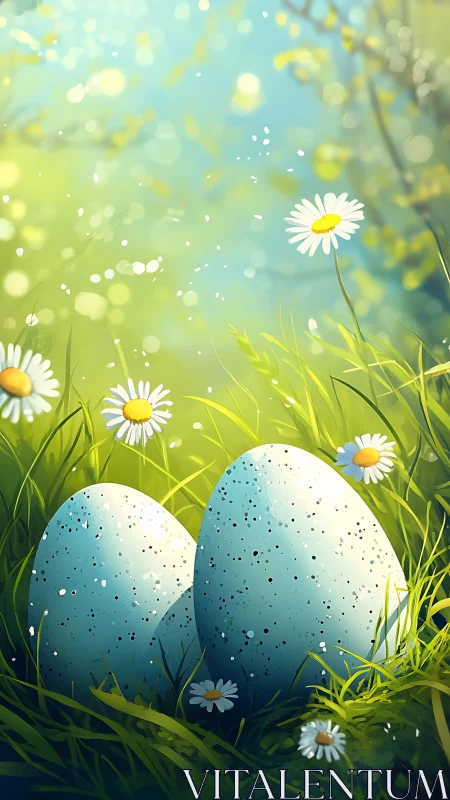 Blue speckled eggs resting in bright spring meadow.