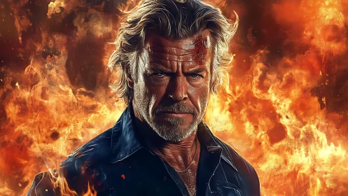 Weathered hero stands strong in a storm of roaring fire