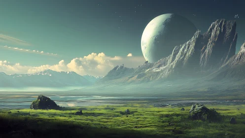 Emerald Exoplanet Plains under a Slumbering Giant Moon.