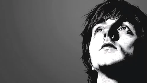 High contrast black white portrait of upward looking man.