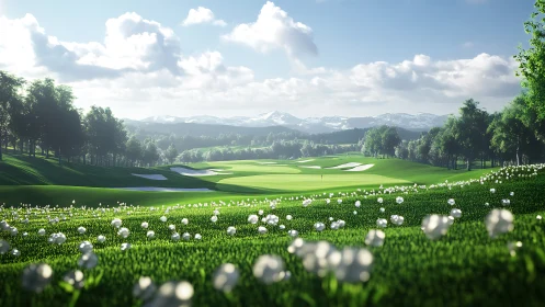 Sunlit golf course fairway stretches toward distant mountains
