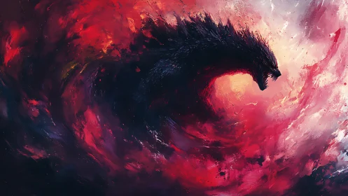 Dark kaiju silhouette curves through swirling red clouds