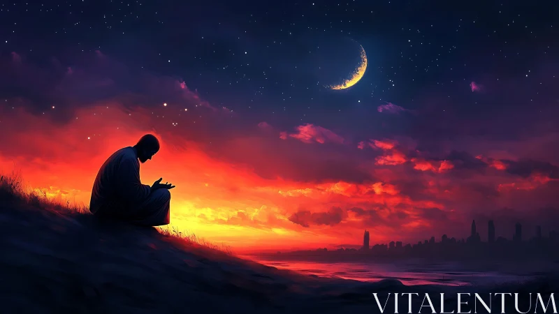 Quiet prayers beneath a blazing crescent twilight sky.