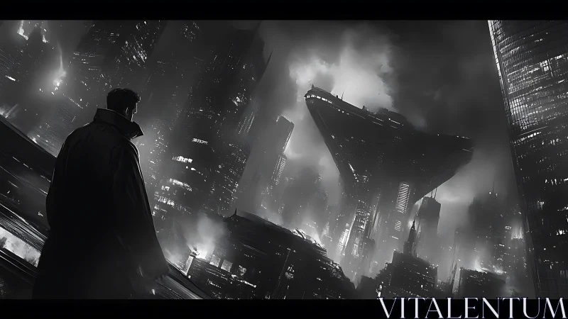 Watcher in the fog, gazing toward a looming future cityscape.