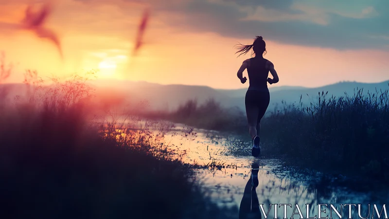 Silhouetted runner strides along reflective trail at sunrise