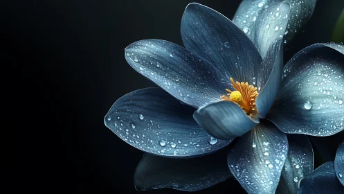 Macro study isolates blue flower petals with dewdrops sharply
