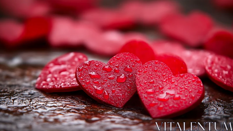 Red heart-shaped objects with water droplets on dark textured surface