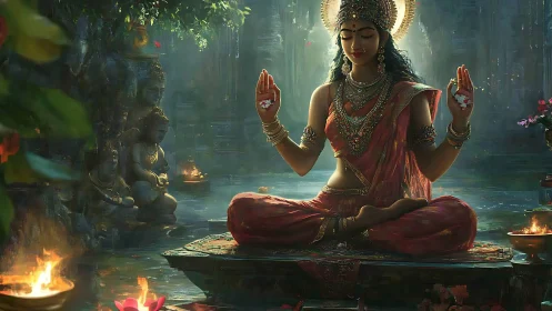 Luminous goddess in lotus trance above a lantern-kissed pool.