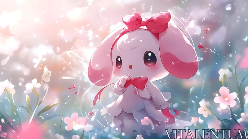 Gentle bunny friend in a sparkling pastel flower dreamscape.
