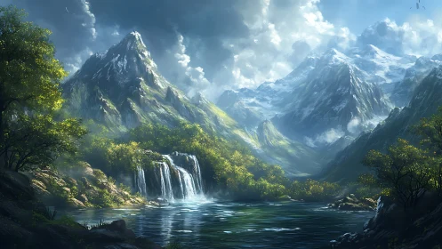 Mountain valley shows cascading waterfalls and reflective lake