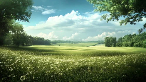 Sunlit wildflower meadow drifting beneath soft summer skies.