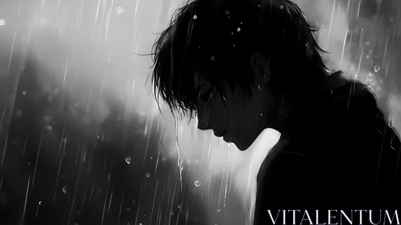 Rain-soaked silhouette bending under midnight heartweather.