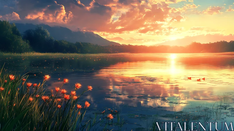 Sunlit lake landscape shows glowing sunset over calm water