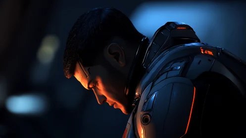 Futuristic soldier in profile under orange and blue light.