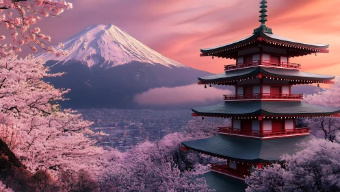 Cherry blossoms and pagoda before Mount Fuji at sunset.