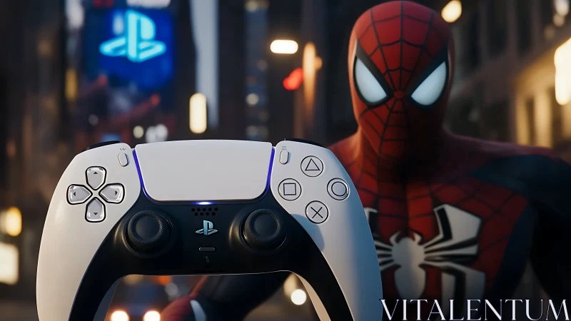 PlayStation controller hovers before costumed hero in city