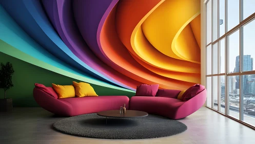 Interior shows curved sofas against layered rainbow feature wall