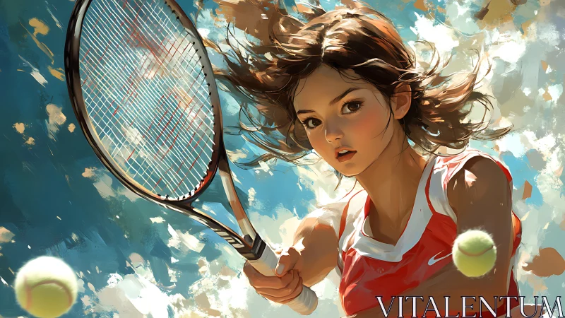 Tennis prodigy storms the court in windswept color burst.