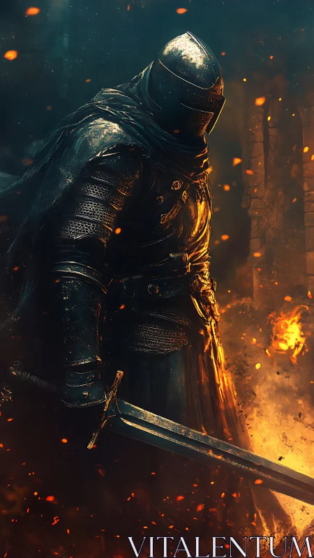 Armored knight emerges through embers in dramatic chiaroscuro
