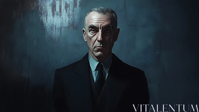 Steel-eyed elder in midnight suit under bruised blue light.