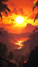 Intense tropical valley sunset over glowing river gorge.