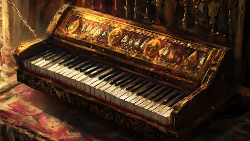 Ornate antique keyboard rendered with gilded, jewel-like controls
