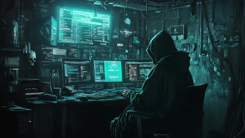 Hooded computer user operates multiple monitors in dark room