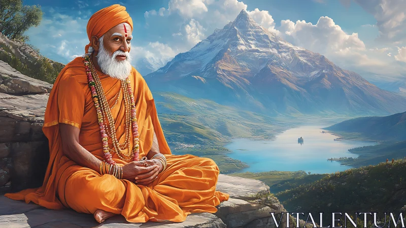 Serene orange robed sage meditates above a vast sacred lake