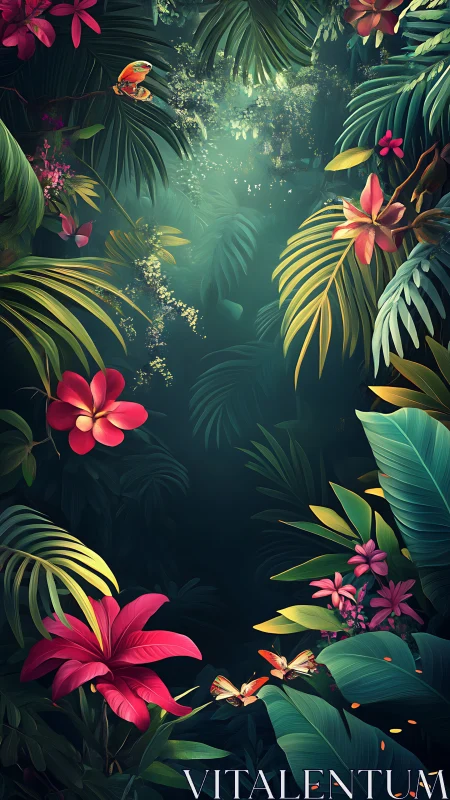 Dense tropical foliage frames a dimly lit central clearing